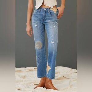 Pilcro Yaya Flare Patchwork Boho Embroidered Crop Denim Jeans- Alteration Length